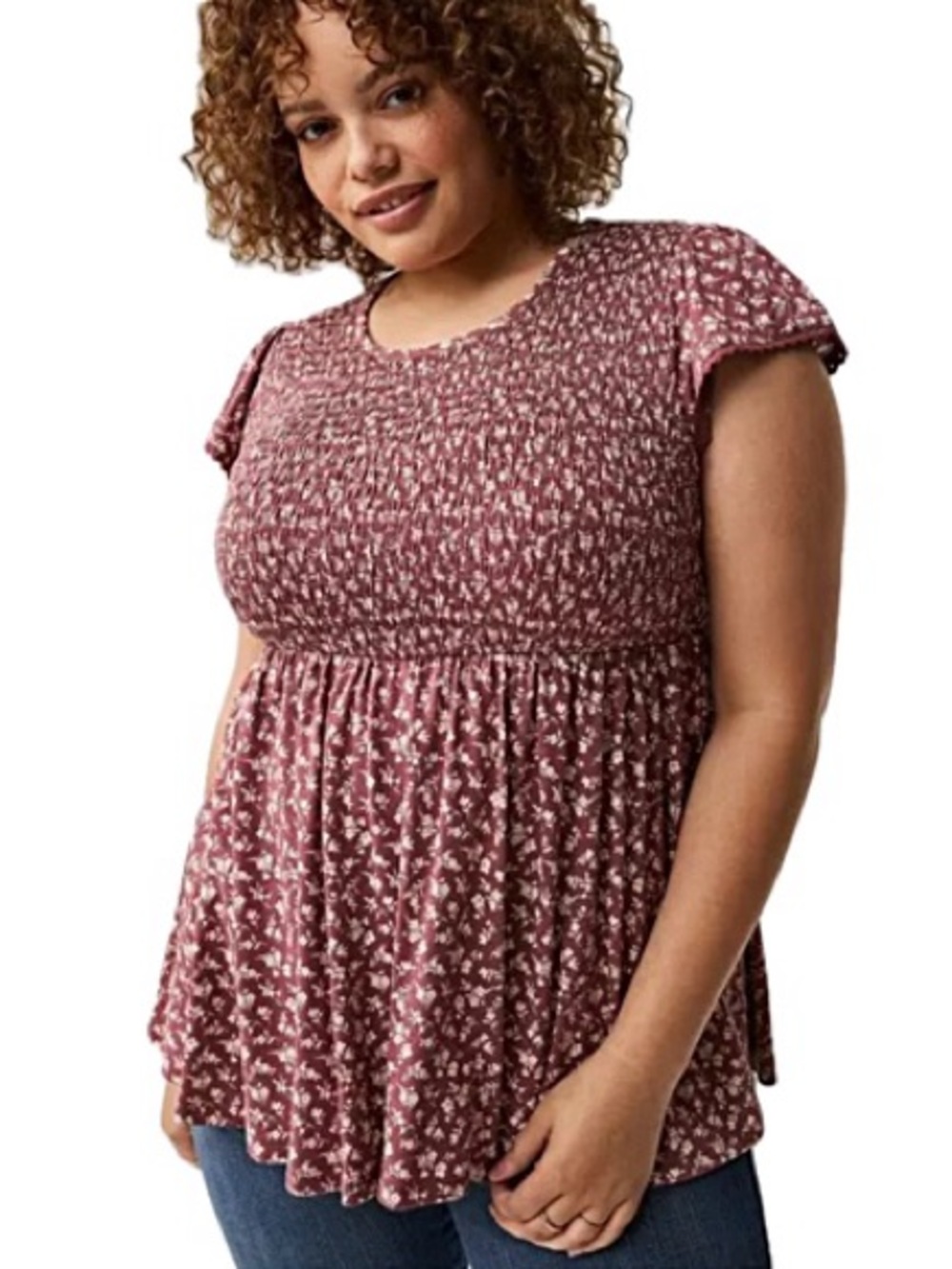 Torrid Ditsy Floral Babydoll Smocked Bodice Top Size 3X Flutter Sleeve Crew Neck